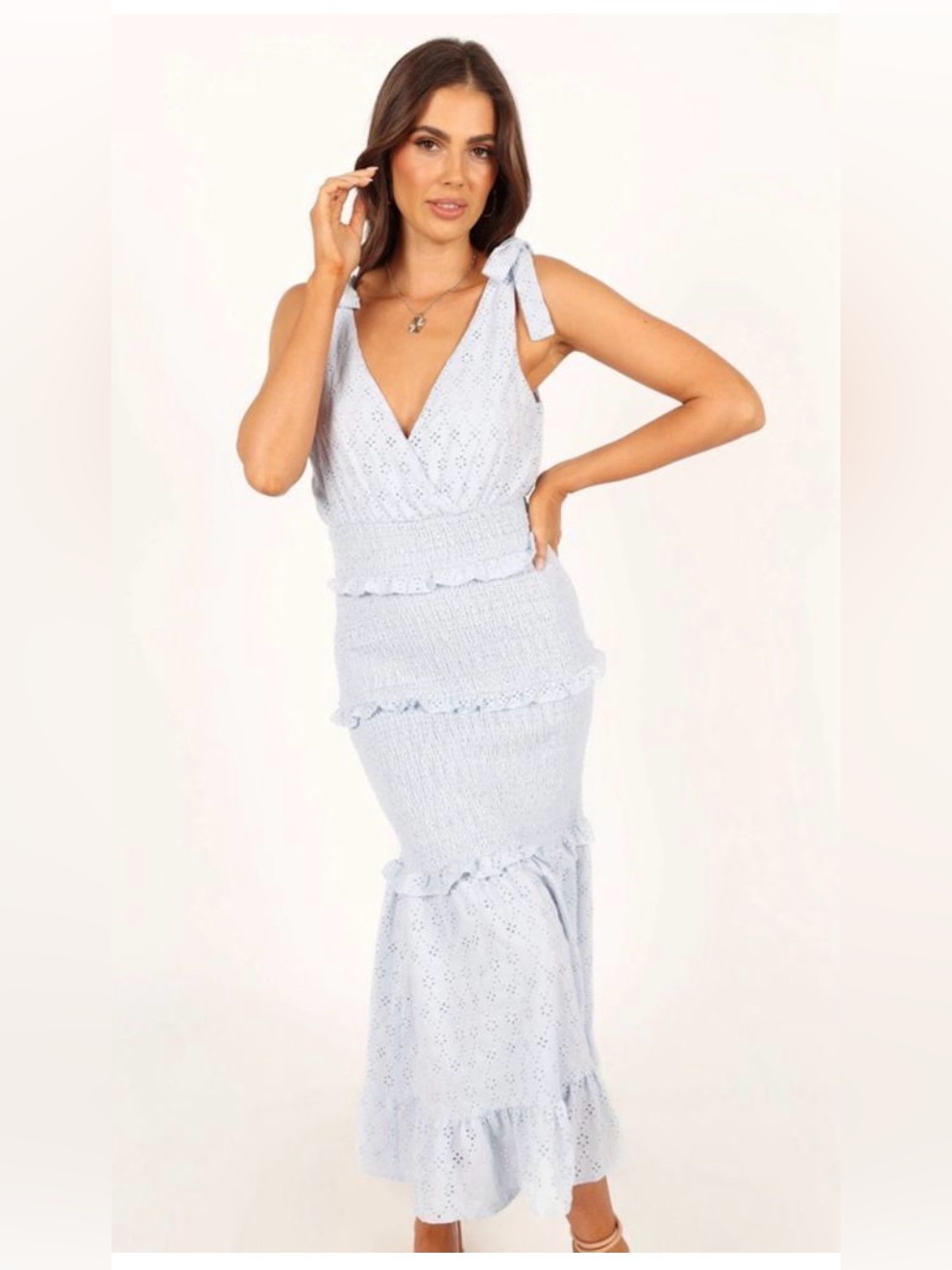 Just Me Light Blue Tie-Shoulder Eyelet Maxi Dress